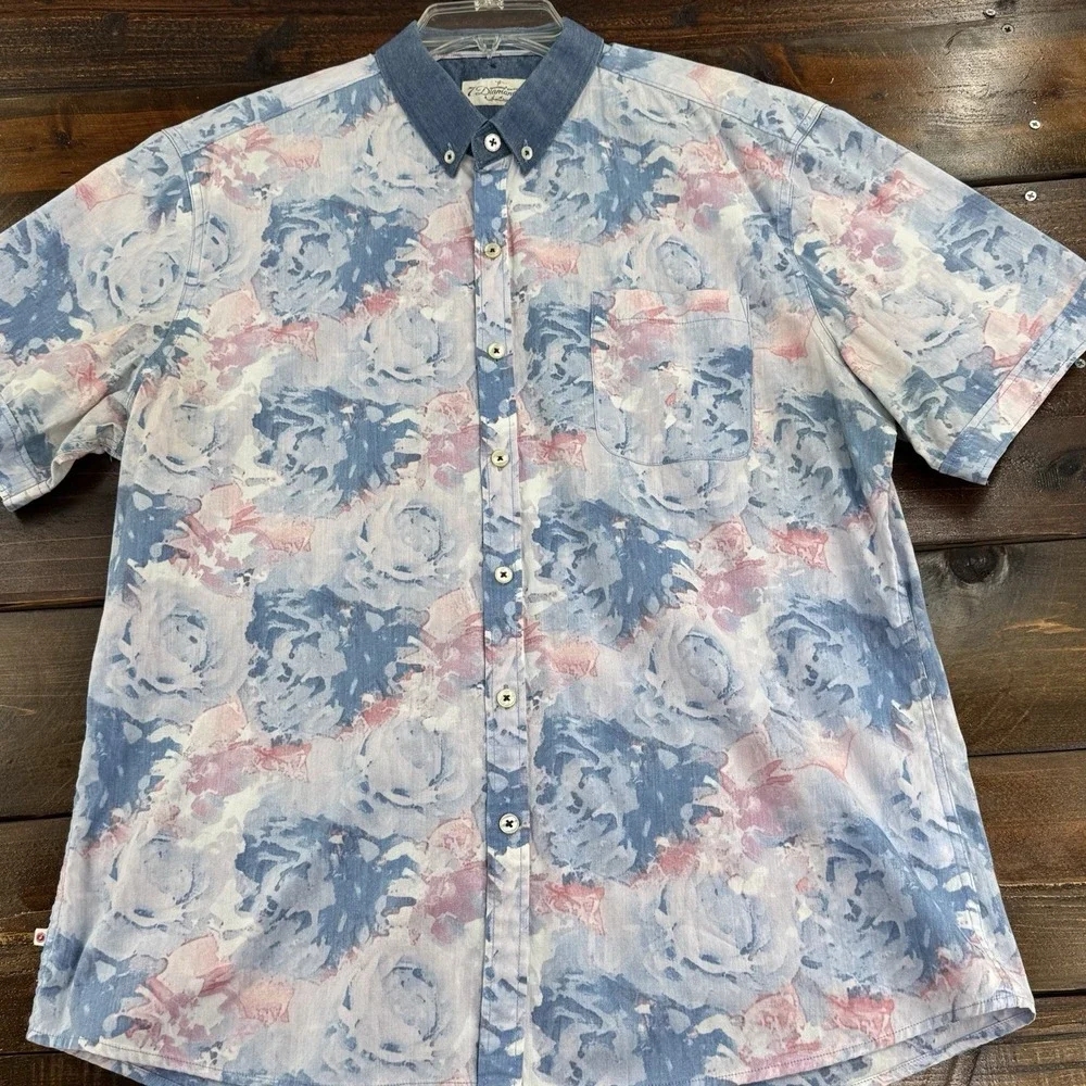 7 Diamonds Shirt  Abstract Print Polyester Cotton Blue Denim Collar Men's Size M